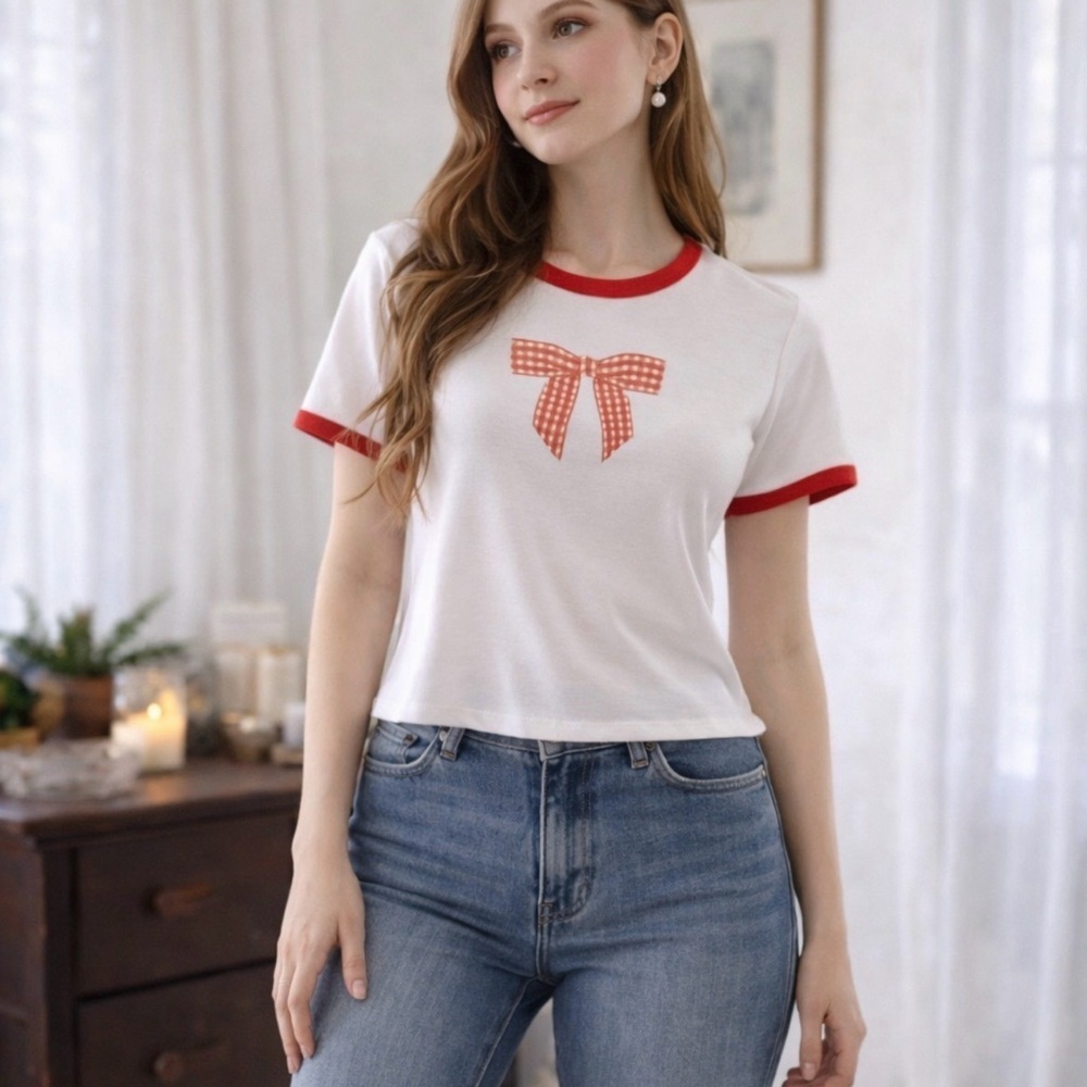 No Comment White and Red Gingham Print Bow Ringer Tee NWT